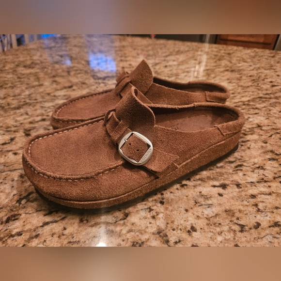 Birkenstock Shoes - Birkenstock Brown Suede Buckley Clogs with Silver Buckle
